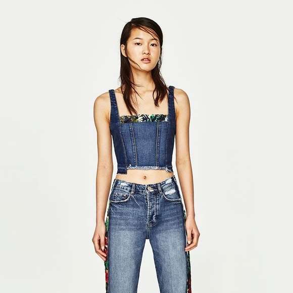 Zara Tops Zara Printed Denim Crop Top Poshmark